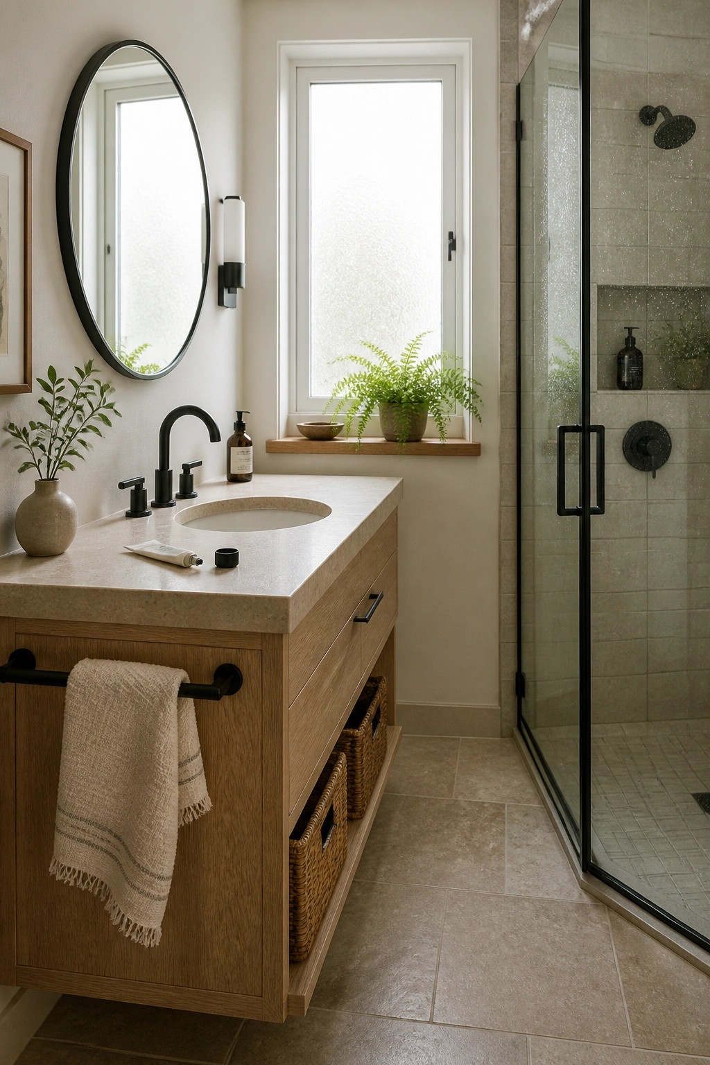A bathroom vanity with a stone countertop, black faucet, round mirror, and a wooden ledge under the window holding a potted fern.