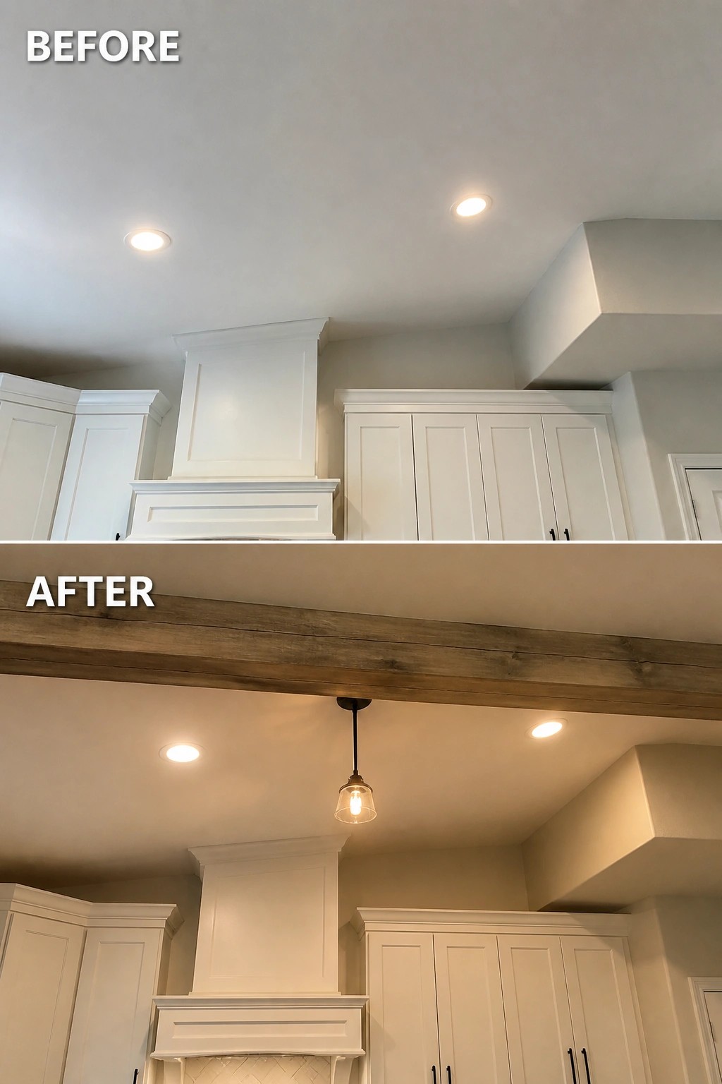 Before and after kitchen with white cabinets, new wooden beam, and pendant light