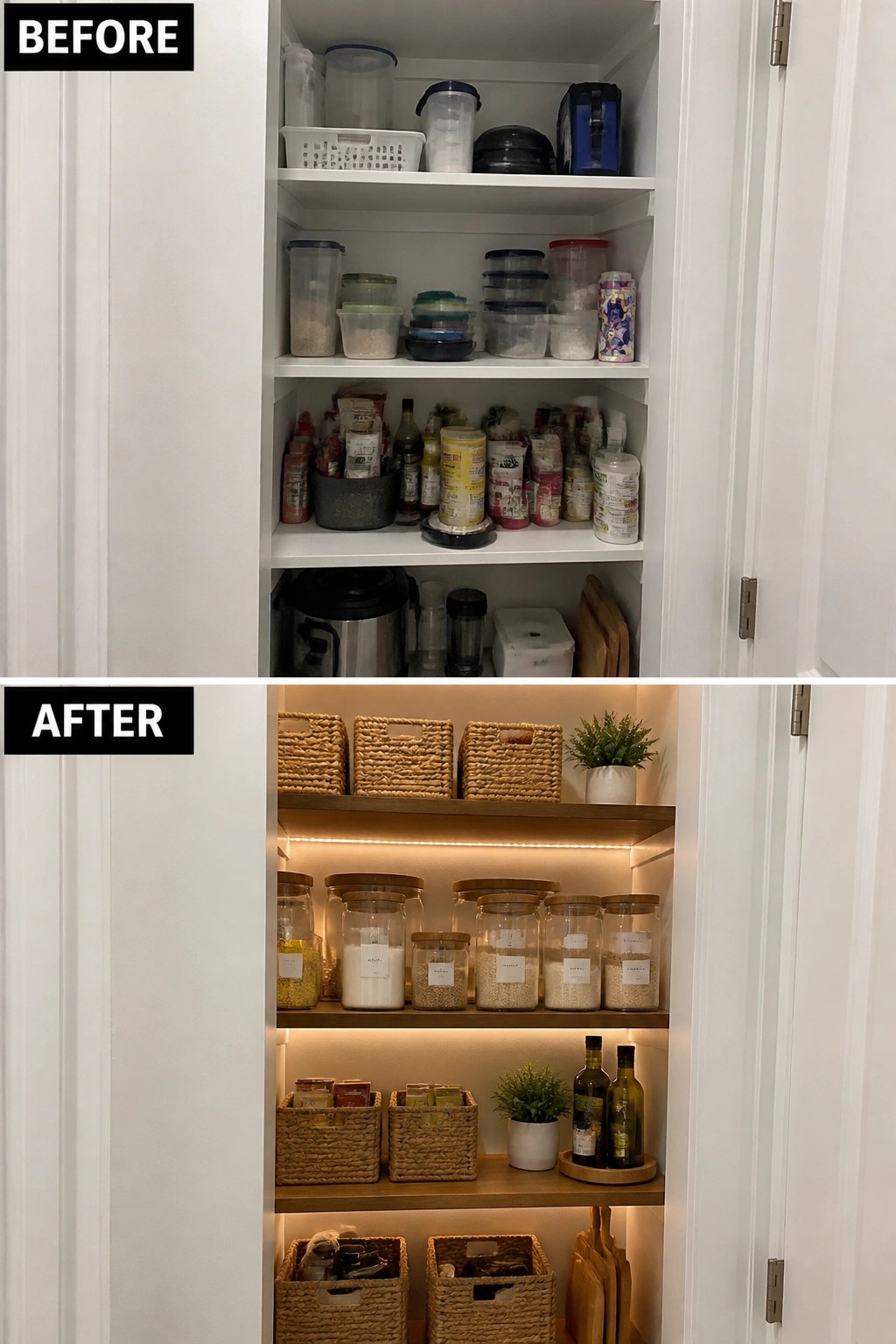 Before-and-after pantry shelves: cluttered mess transformed with woven baskets, labeled jars, and LED lighting