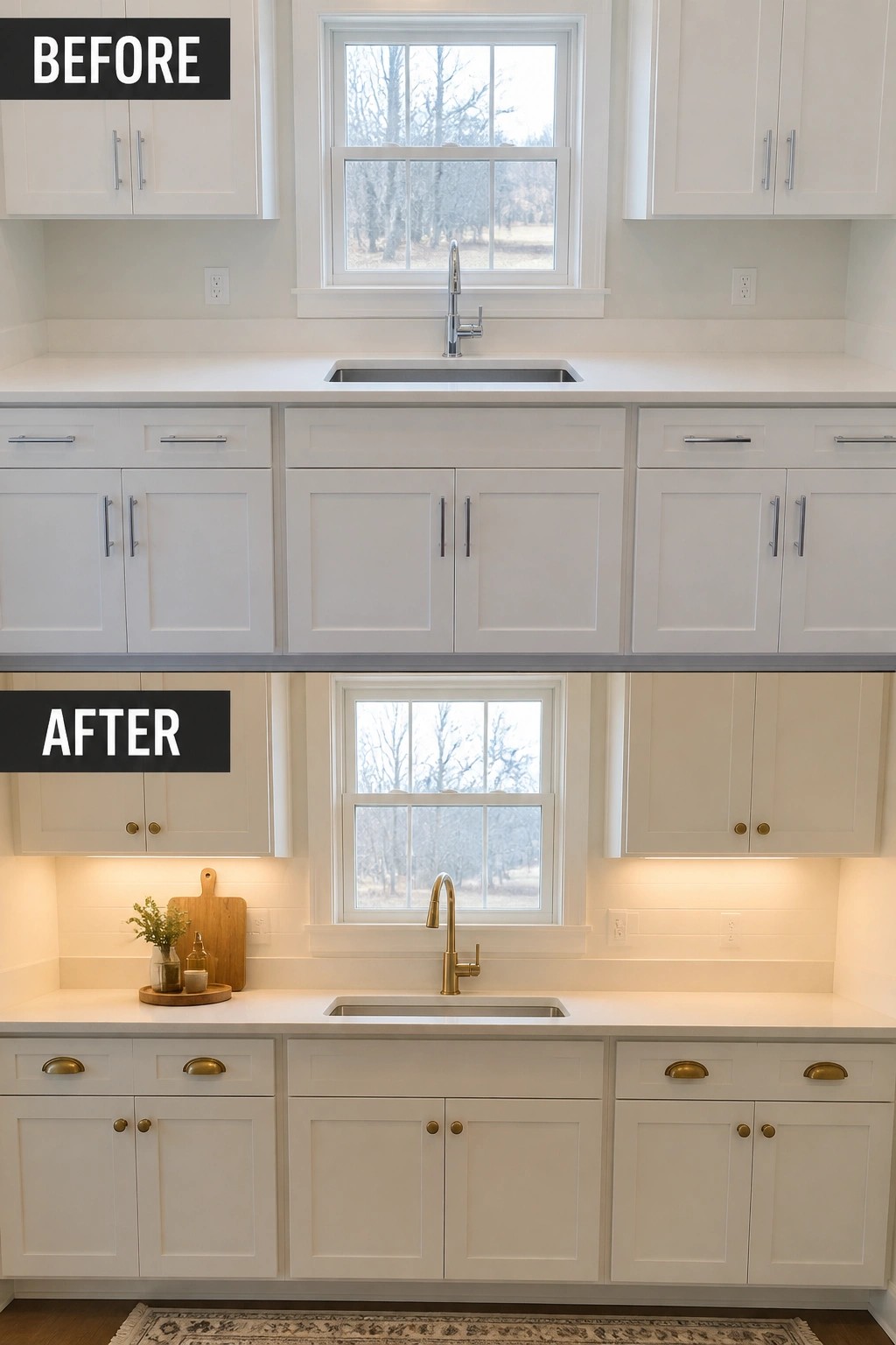 Before and after kitchen with silver hardware replaced by gold fixtures and lighting.