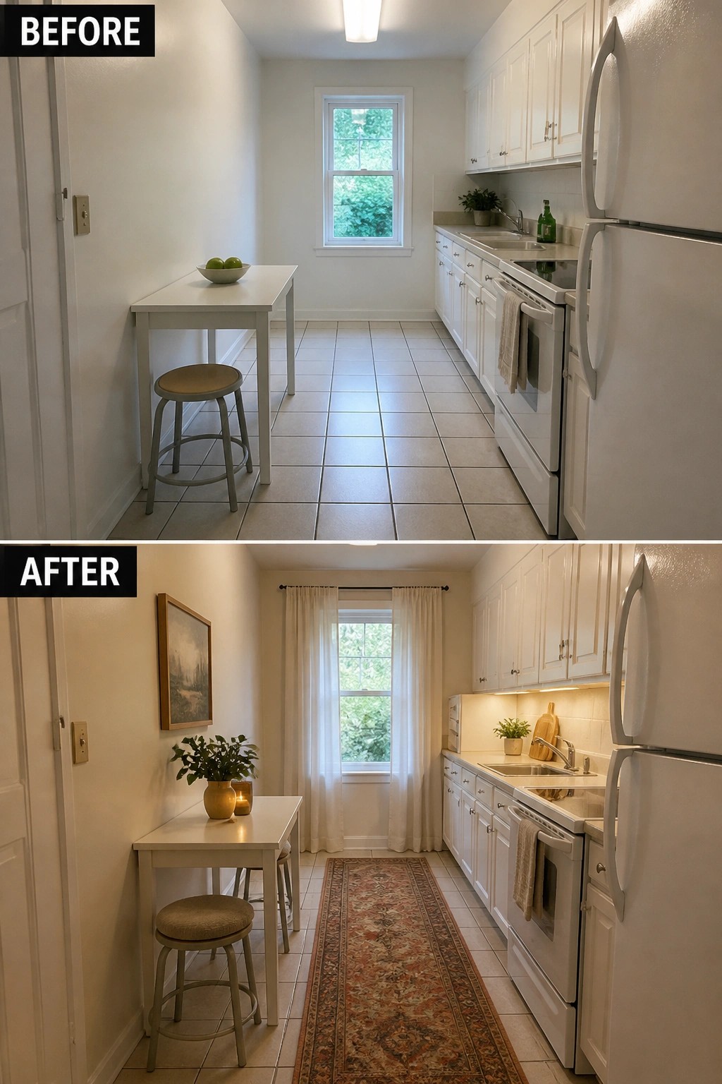 Before-and-after image of a white kitchen updated with a patterned runner rug, window curtains, wall art, and warm lighting.