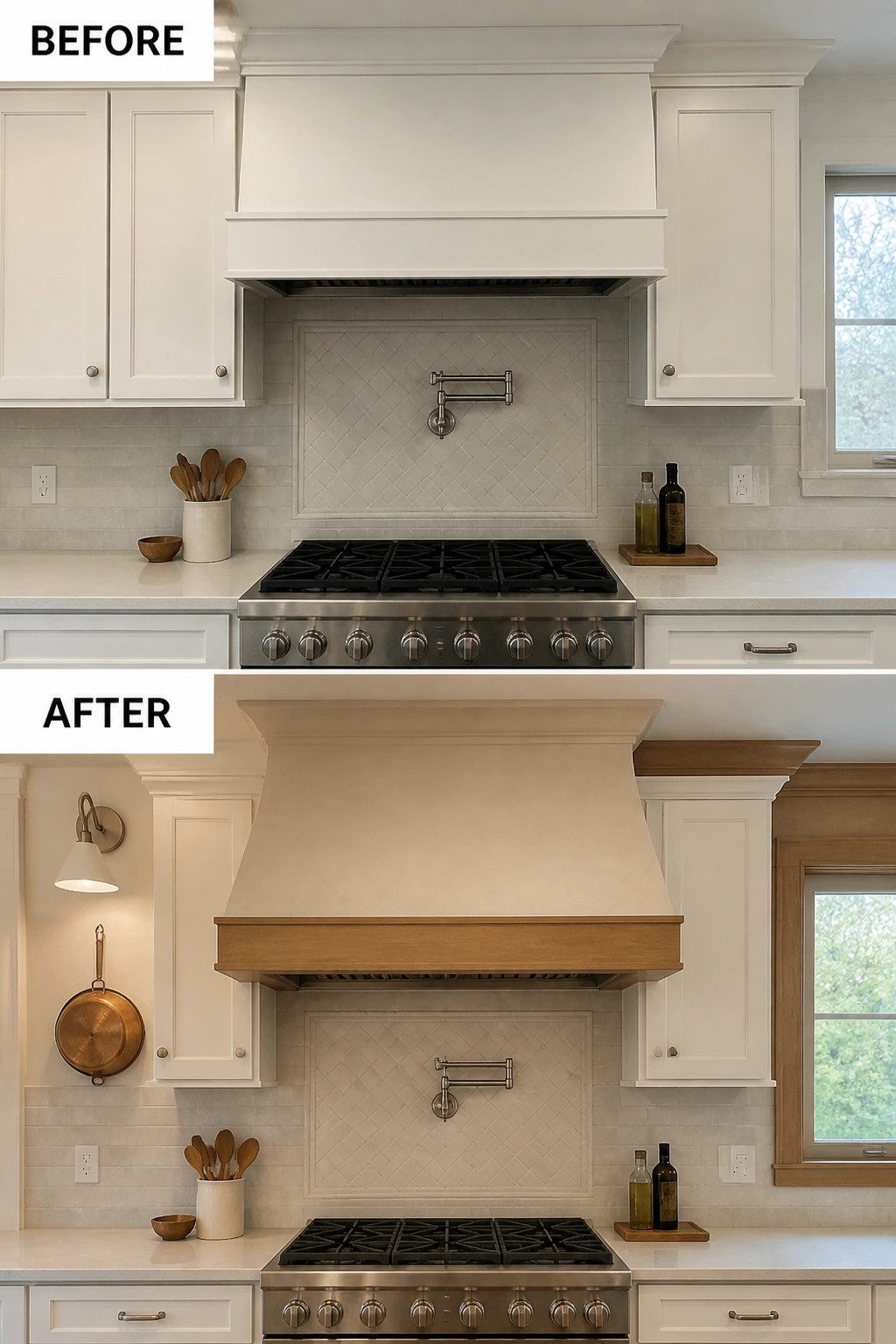 Before-and-after image of a white kitchen range hood updated with wood trim and added wall lighting.