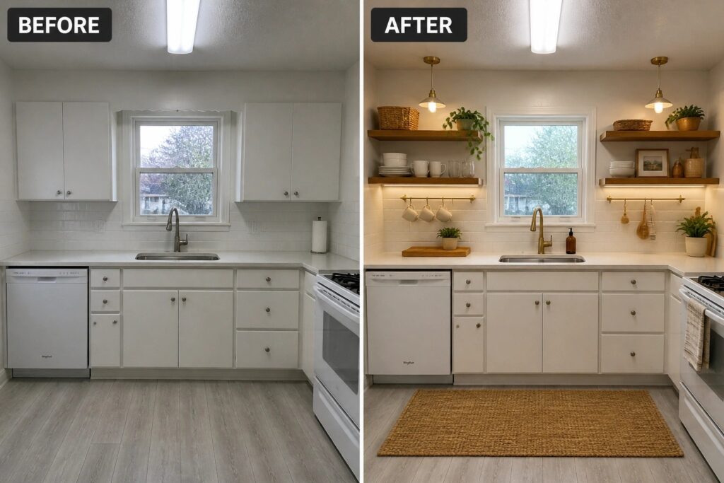 20 Cozy Kitchen Refresh Ideas for White Kitchens That Feel Too Cold Kitchen before and after renovation with white cabinets, open shelves, plants, and lights