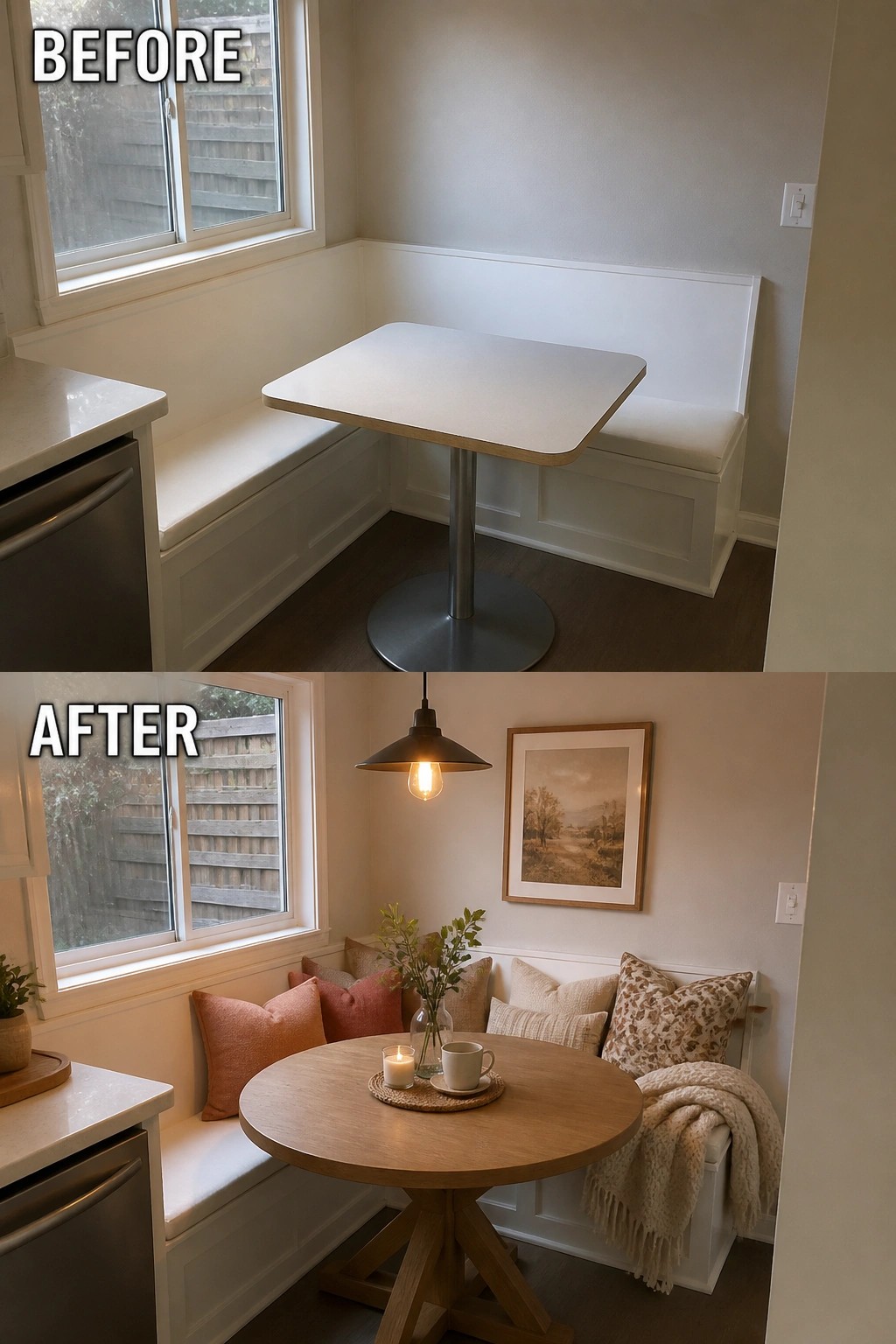Before-and-after image of a plain white kitchen bench nook updated with pillows, a round wood table, pendant light, artwork, and cozy textiles.