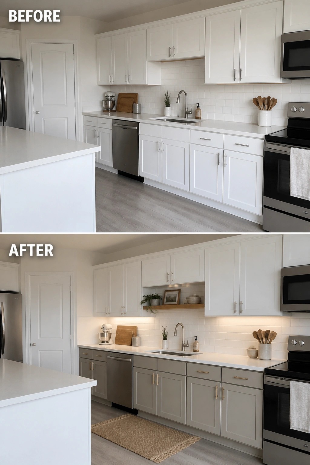 Before and after kitchen remodel showing white and gray cabinets with new lighting