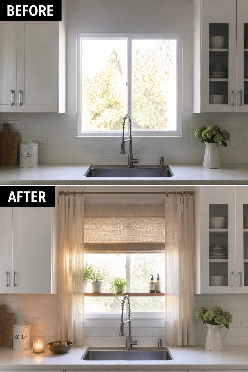 Before-and-after image of a white kitchen where a bare window above the sink is updated with sheer curtains, a woven shade, and a wooden shelf holding small plants.