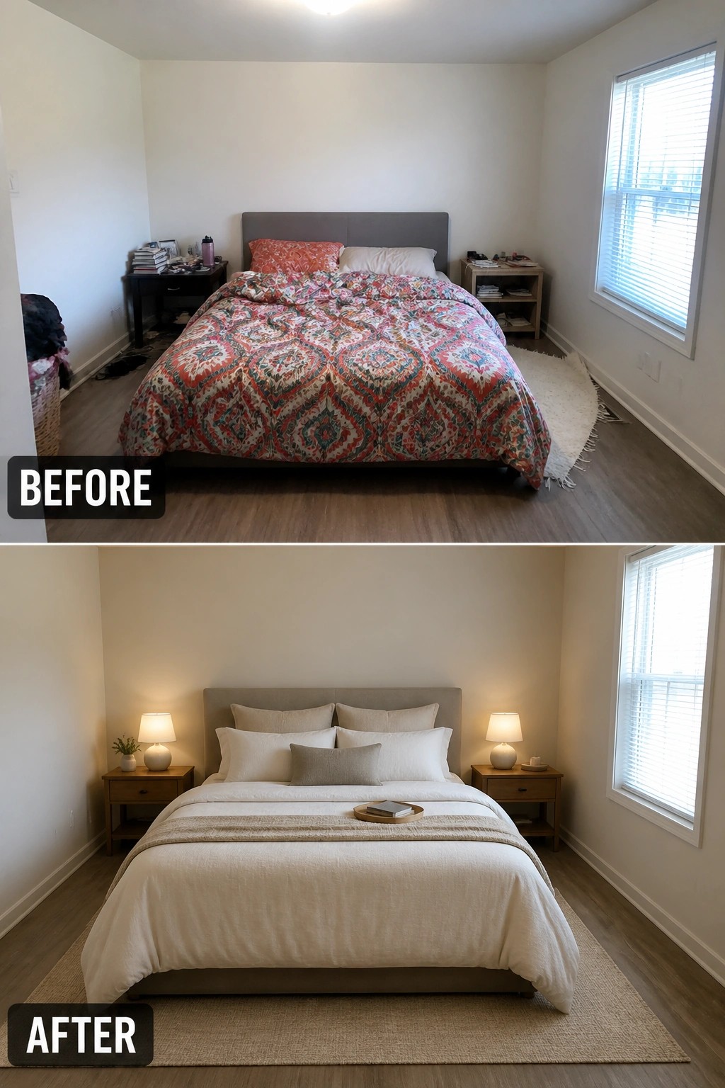 Before and after bedroom with colorful patterned vs neutral white bedding.