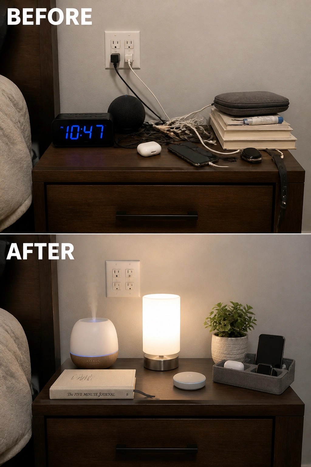 Before messy nightstand with tangled wires and after tidy setup with lamp and diffuser.
