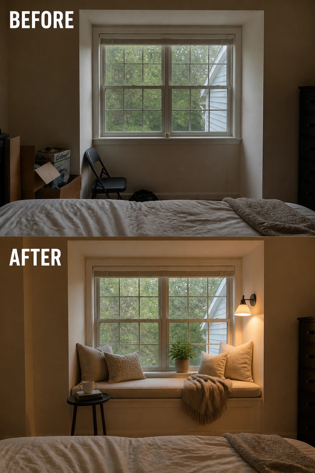 Before-and-after image of a bedroom window area changed from cluttered storage to a furnished window seat with cushions, pillows, a throw, and a wall sconce.