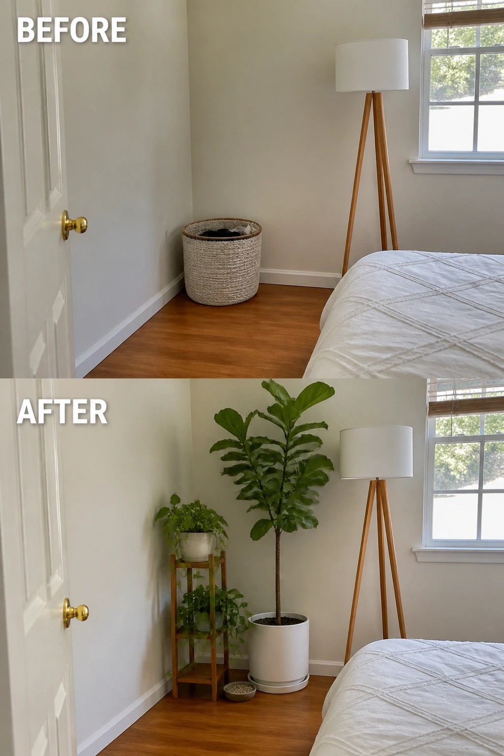 Before and after bedroom corner with added potted plants and wooden stand