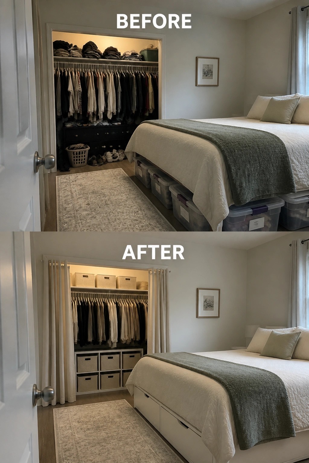 Before and after of cluttered bedroom closet transformed into organized space with bins and curtains