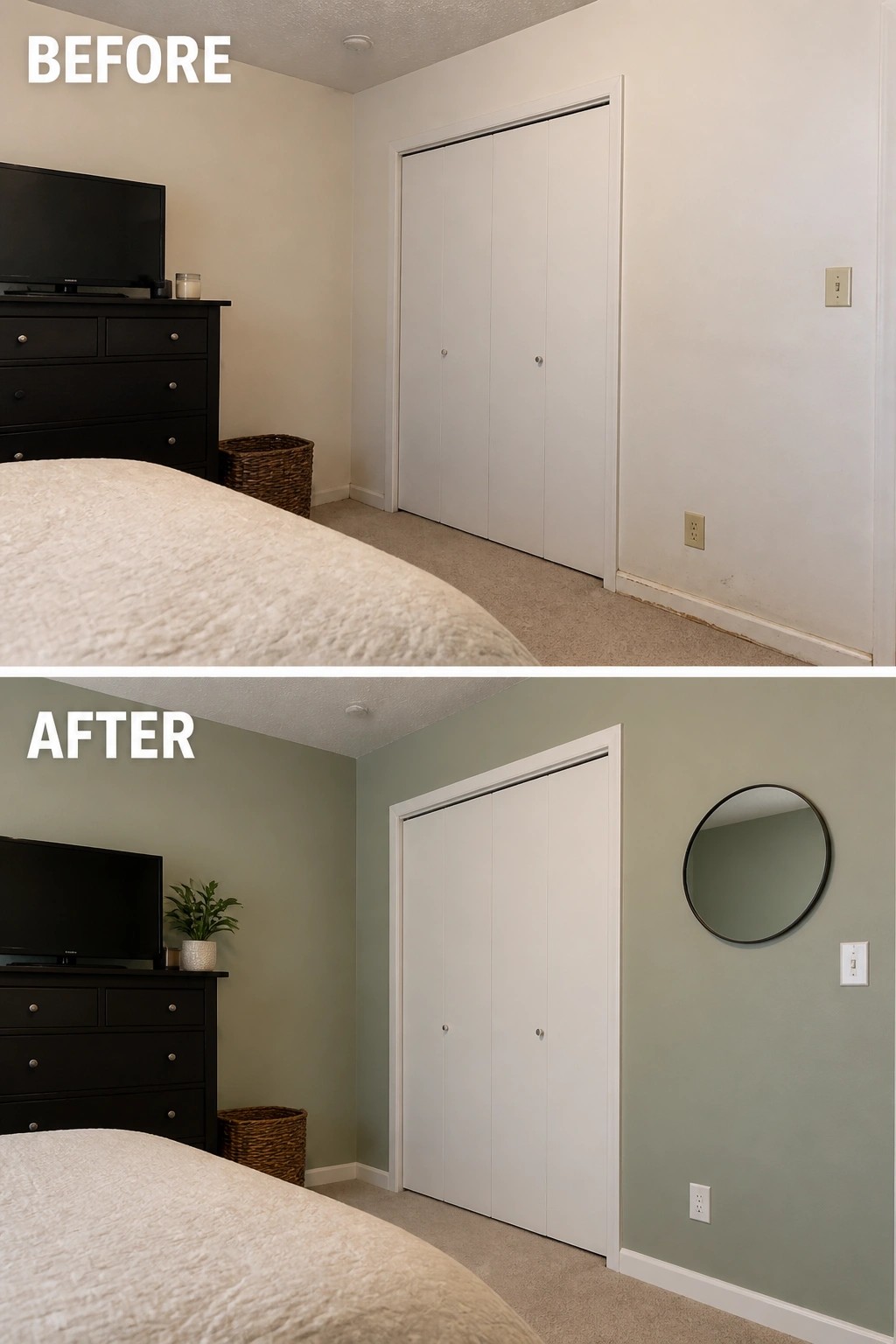 Before-and-after image of a bedroom with walls painted from off-white to a soft green.