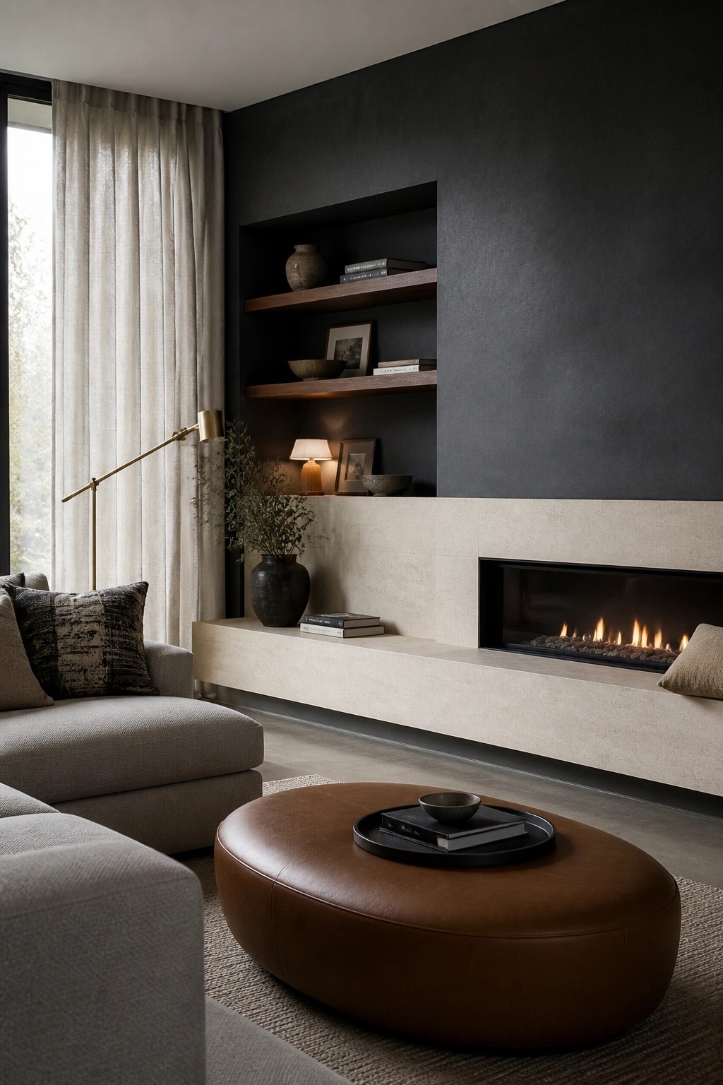 A modern living room featuring a linear fireplace set into a light stone wall with a long extended ledge, dark recessed shelves above holding vases and books, a gray sofa, and a brown leather ottoman in the foreground.