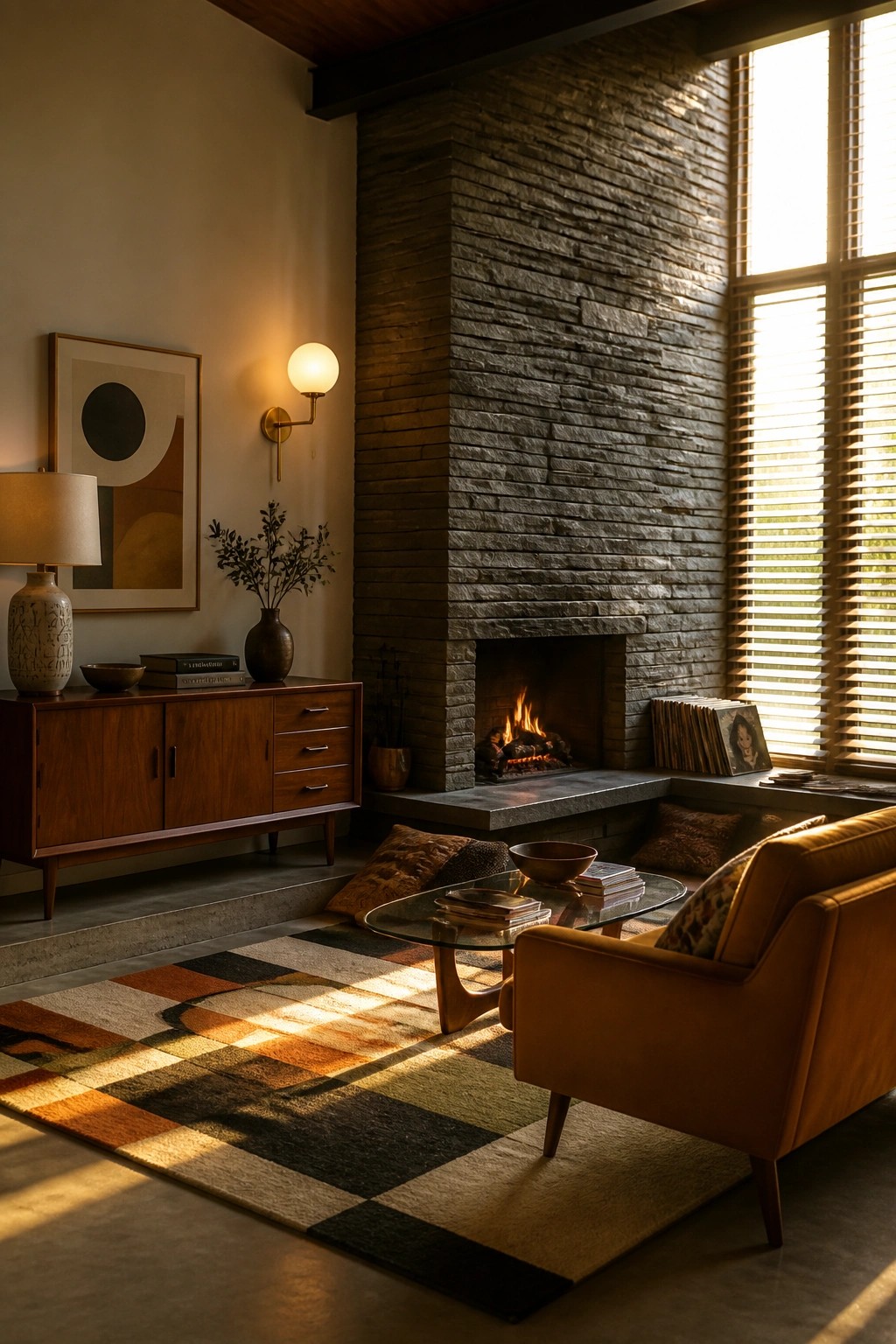 Mid-century living room with stone fireplace, orange armchair, and geometric rug in sunlight