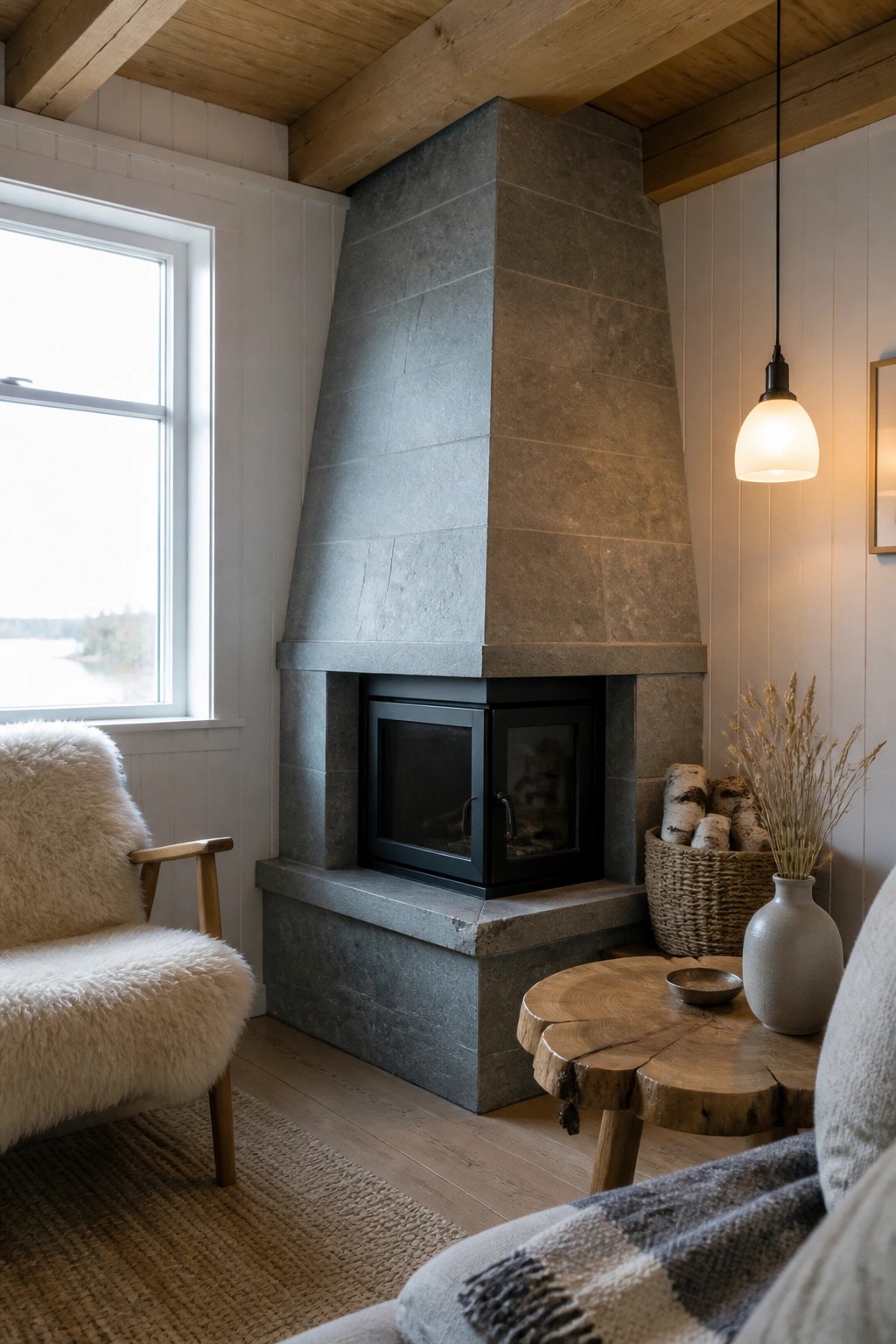 A room interior featuring a tall gray stone fireplace with a black insert, wood ceiling beams, a window on the left, and a wooden side table with a basket of logs.