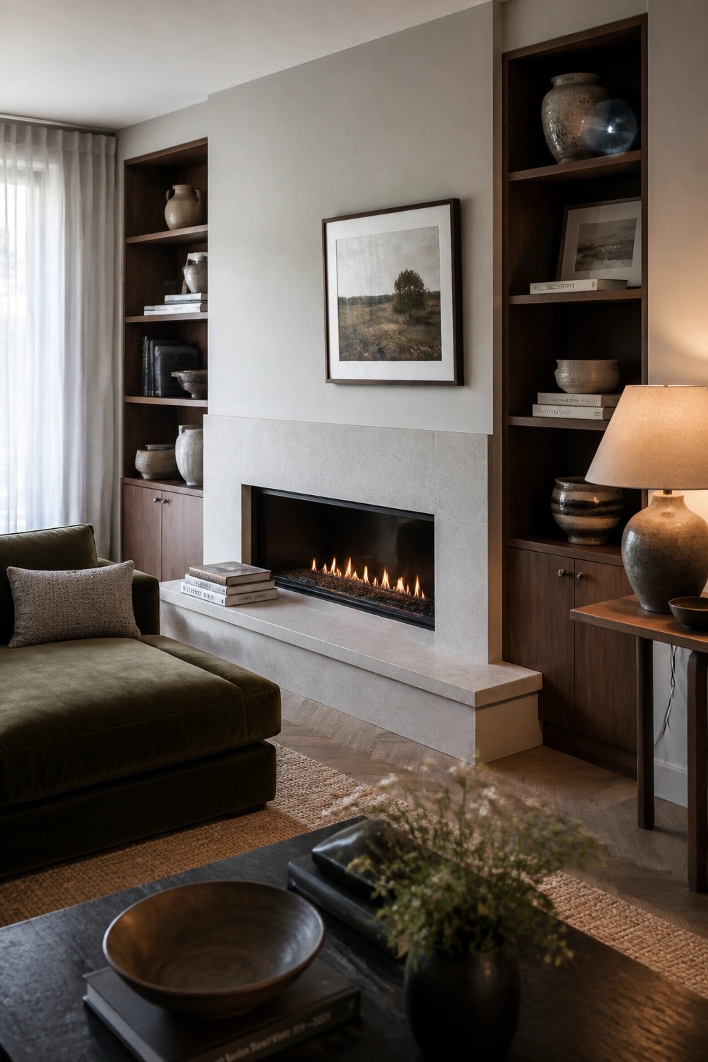 Modern living room with lit fireplace, built-in shelves, green sofa, and coffee table