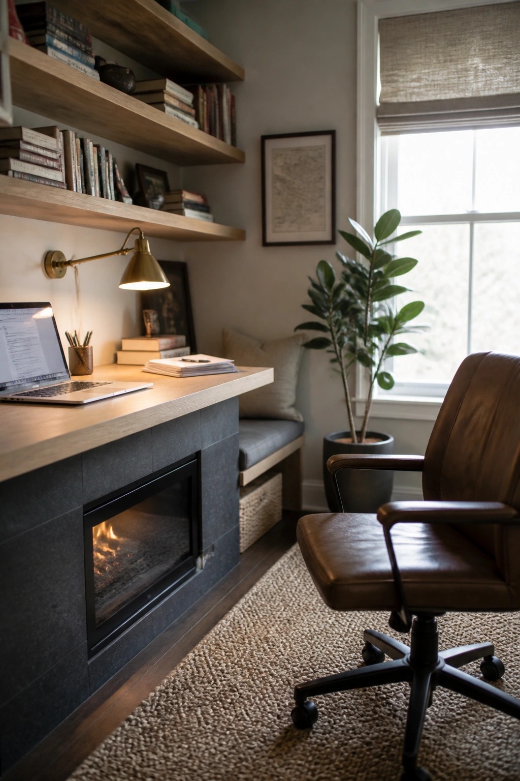 Cozy home office with built-in desk, fireplace, leather chair, bookshelves, and window plant.