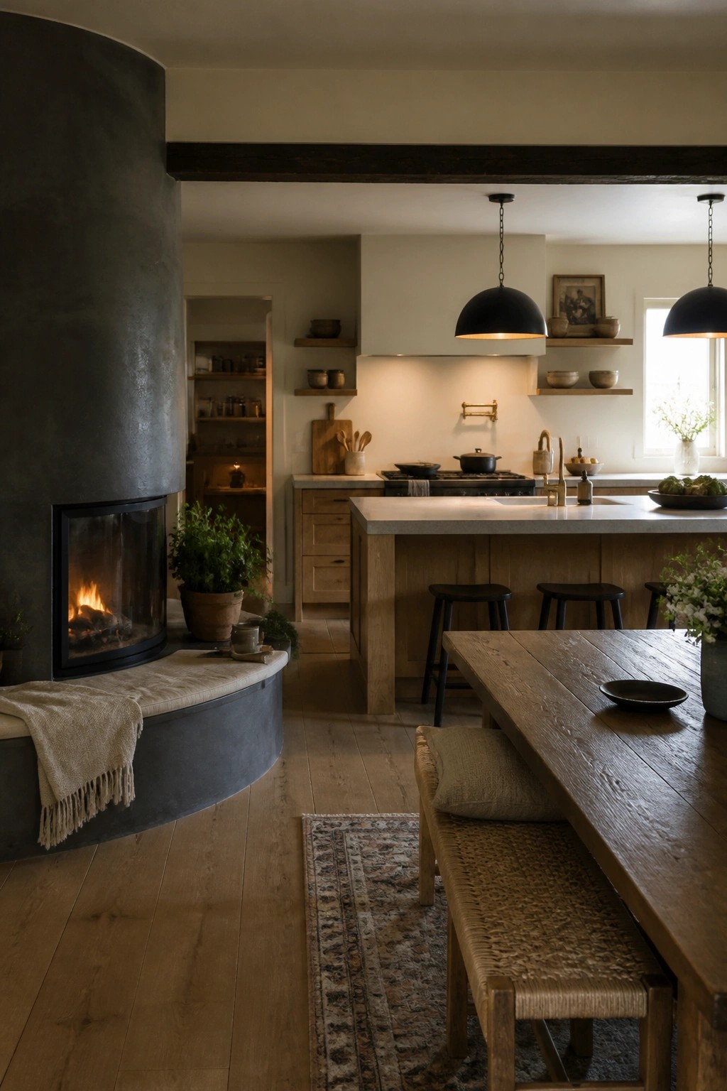 A curved dark stone fireplace with a burning fire and built-in cushioned bench next to a kitchen island with black stools and a wooden dining table.