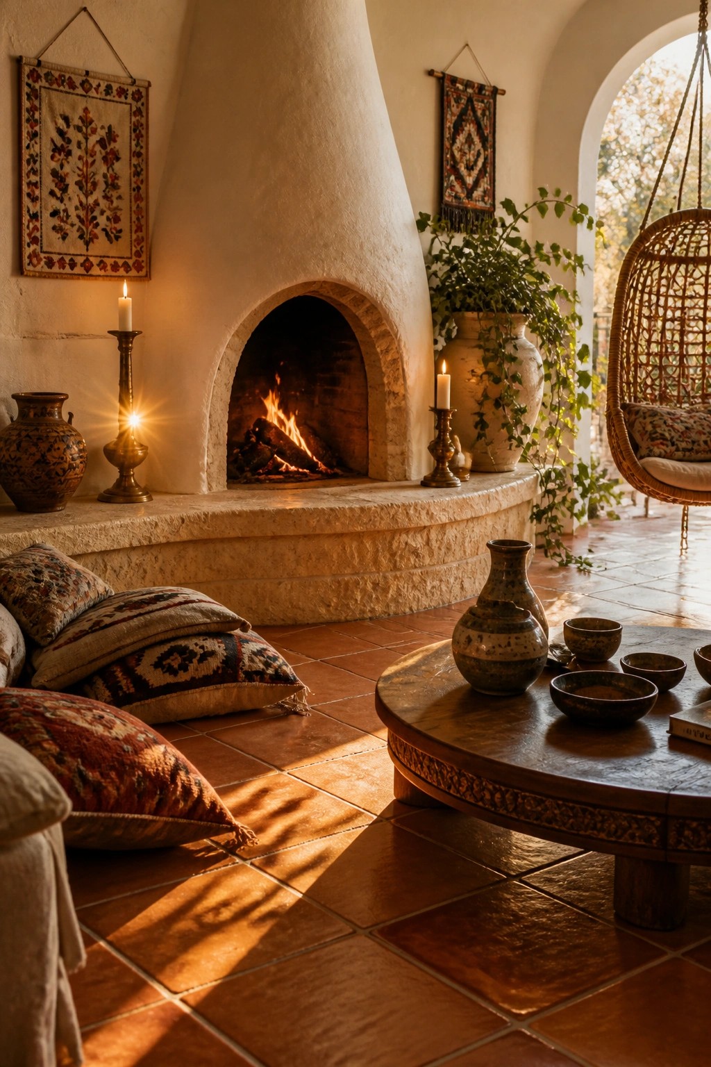A large curved stone fireplace with an arched opening and burning fire sits on a raised hearth in a room with terracotta tile flooring and patterned floor cushions.