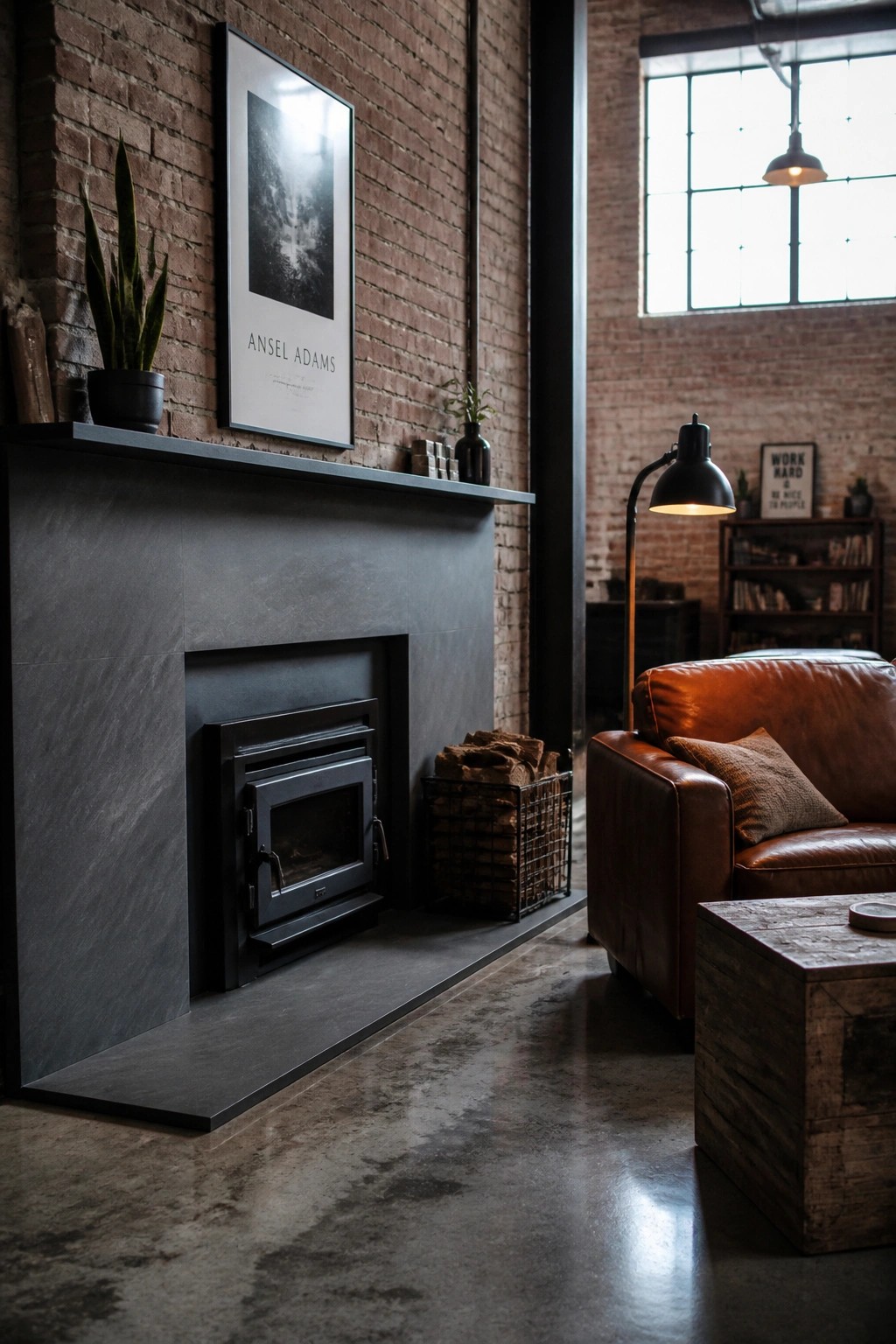 A dark stone fireplace with a black metal insert sits against a red brick wall in a living room with a brown leather chair nearby.