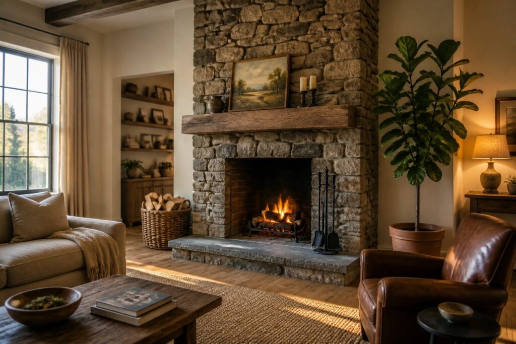 20 Grounded Natural Stone Fireplace Ideas for Earthy Interiors A living room centered on a large natural stone fireplace with a wooden mantel, a leather armchair, and a sofa with neutral throws.