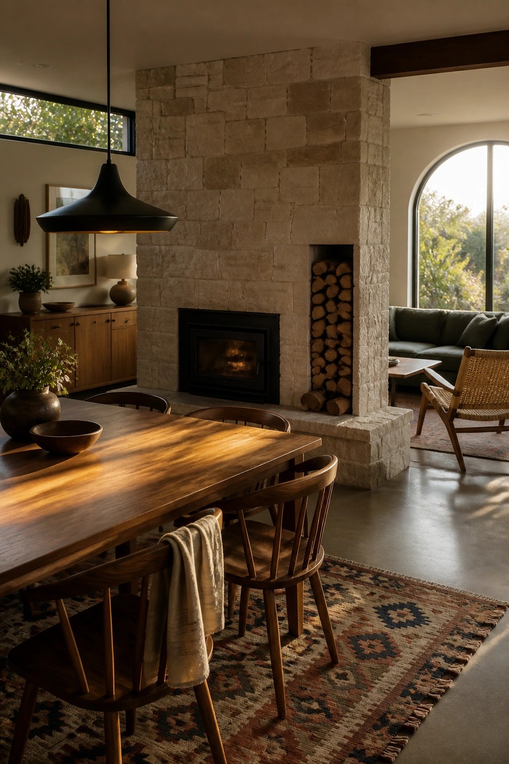 A dining room with a large stone fireplace that includes a recessed niche filled with stacked firewood.