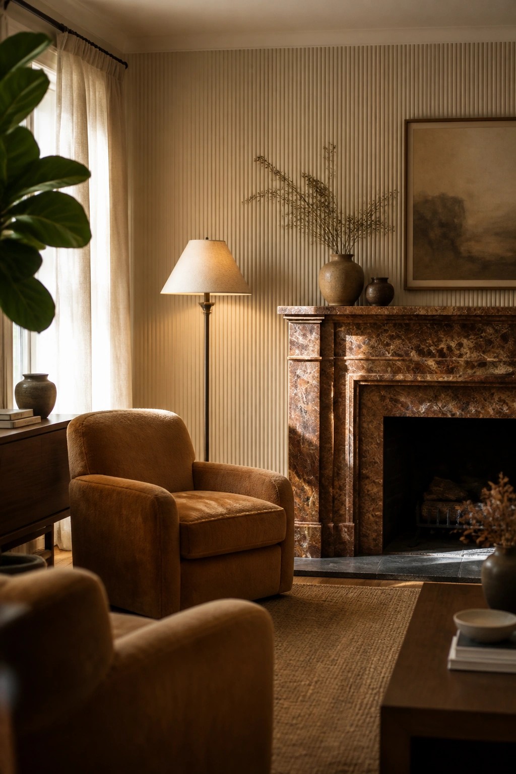 A living room with a brown marble fireplace surround, two brown upholstered armchairs, a floor lamp, and a wooden coffee table on a woven rug.
