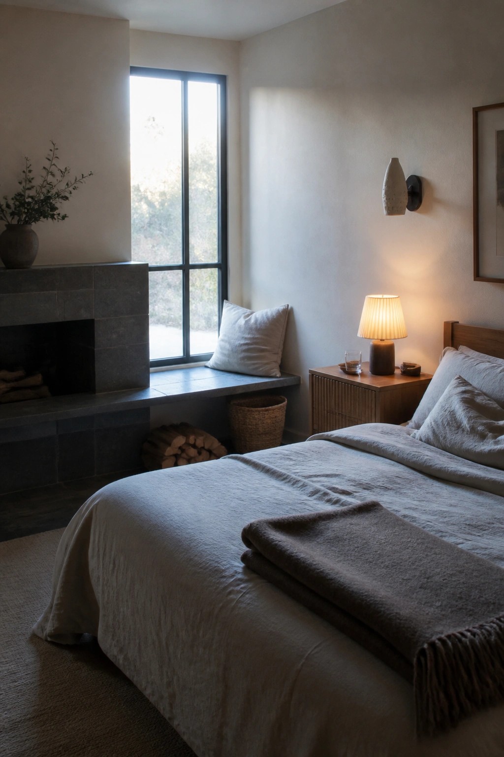 Minimalist bedroom with stone fireplace, large window, wooden bed, and lit table lamp