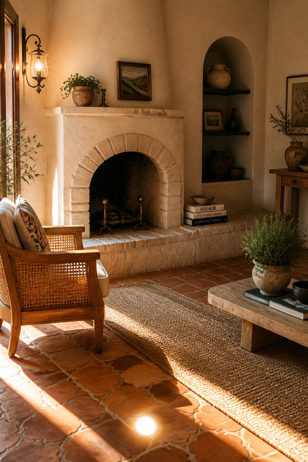 A cozy living room featuring a light natural stone fireplace with an arched opening, terracotta tile flooring, a wooden armchair with cane detailing, and a woven rug in front of the hearth.