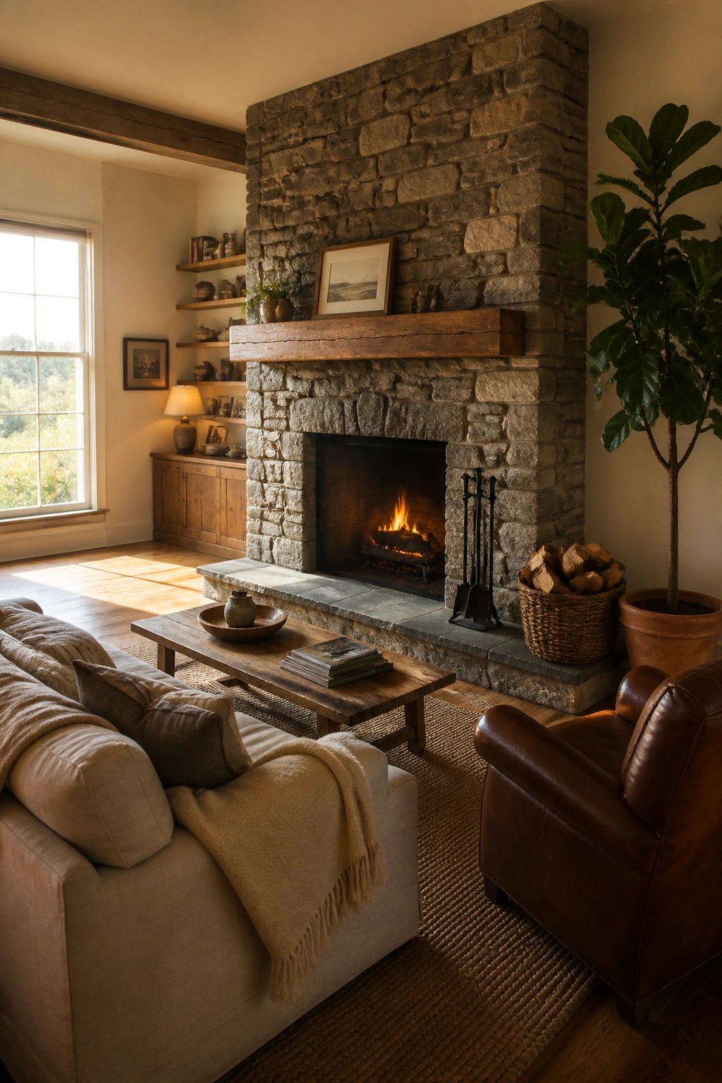 A living room centered on a large natural stone fireplace with a wooden mantel, a leather armchair, and a sofa with neutral throws.