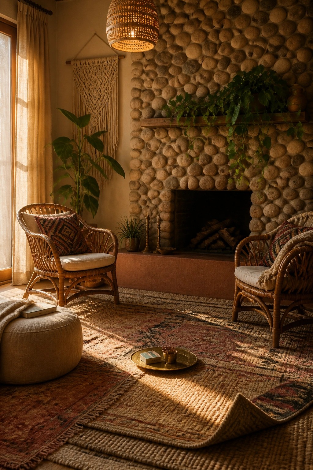 A living room centered on a large fireplace built from rounded stones, with two rattan chairs on layered rugs, plants, and a woven pendant light overhead.