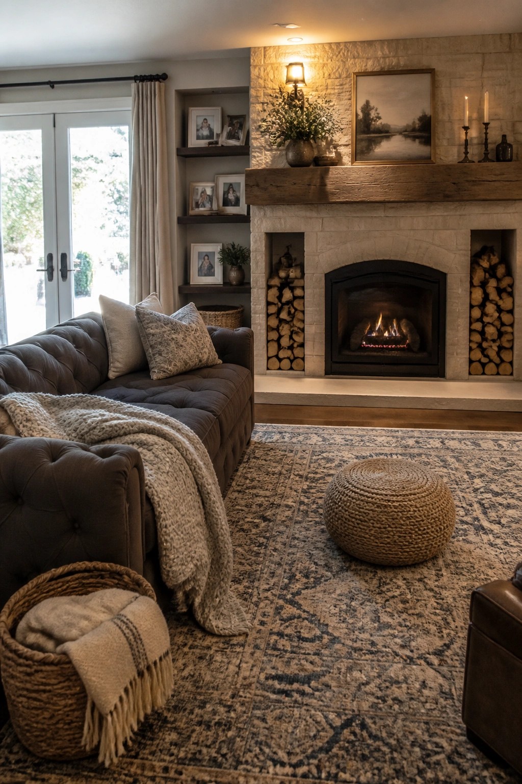 A living room with a natural stone fireplace, wooden mantel, and recessed niches holding stacked firewood on both sides of the firebox.