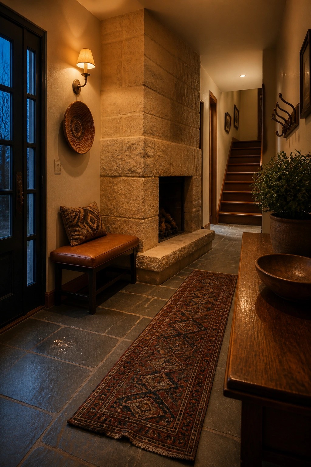 Cozy hallway with stone fireplace, wooden bench, patterned runner rug, and staircase.