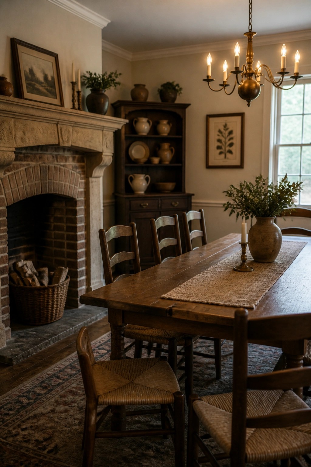 A dining room with a large stone fireplace on the left, a long wooden table with woven seat chairs, dark wood cabinetry, and a lit brass chandelier.
