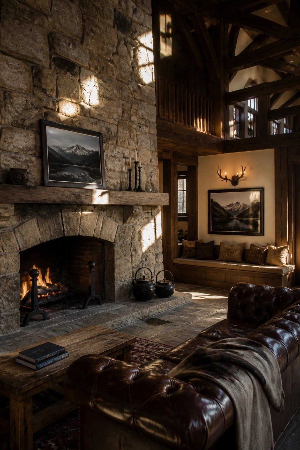 A large stone fireplace with a wooden mantel in a rustic living room featuring leather seating and wooden beams.