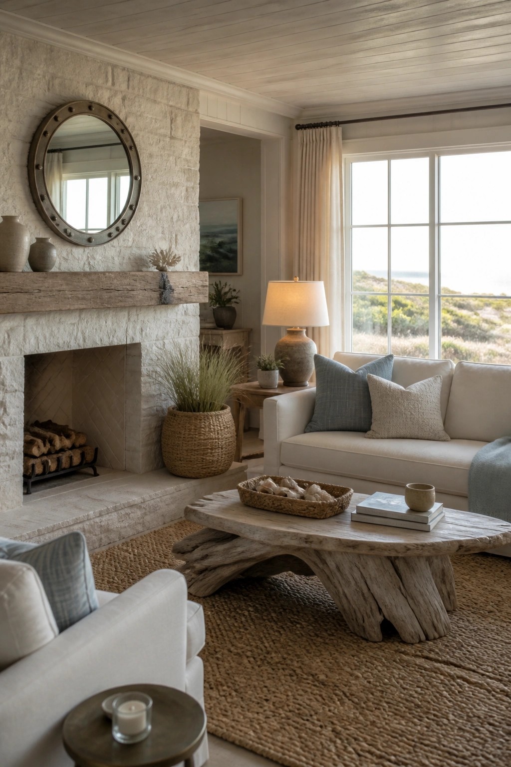 A living room with a natural stone fireplace, wooden mantel, round mirror above the mantel, white sofa, and wooden coffee table on a woven rug.