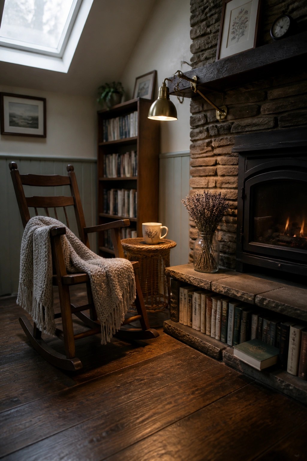 A stone fireplace with books stacked along the hearth, a lit fire inside, and a wooden rocking chair to the side.
