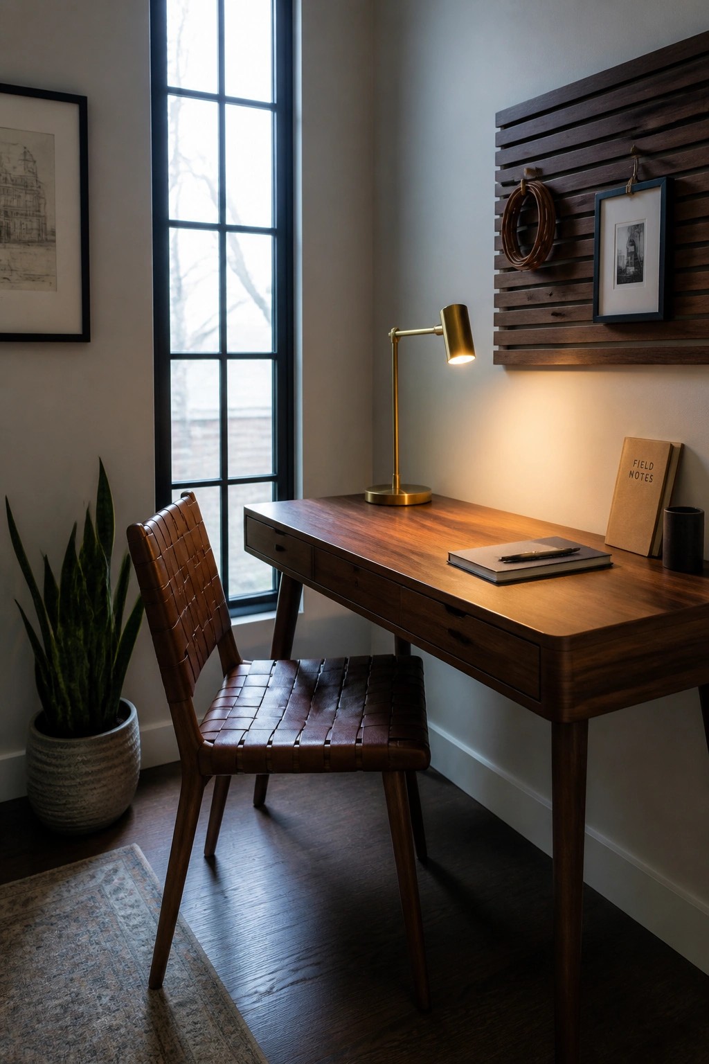 A wooden desk with a woven leather chair sits in front of a tall window beside a potted plant and a brass desk lamp.