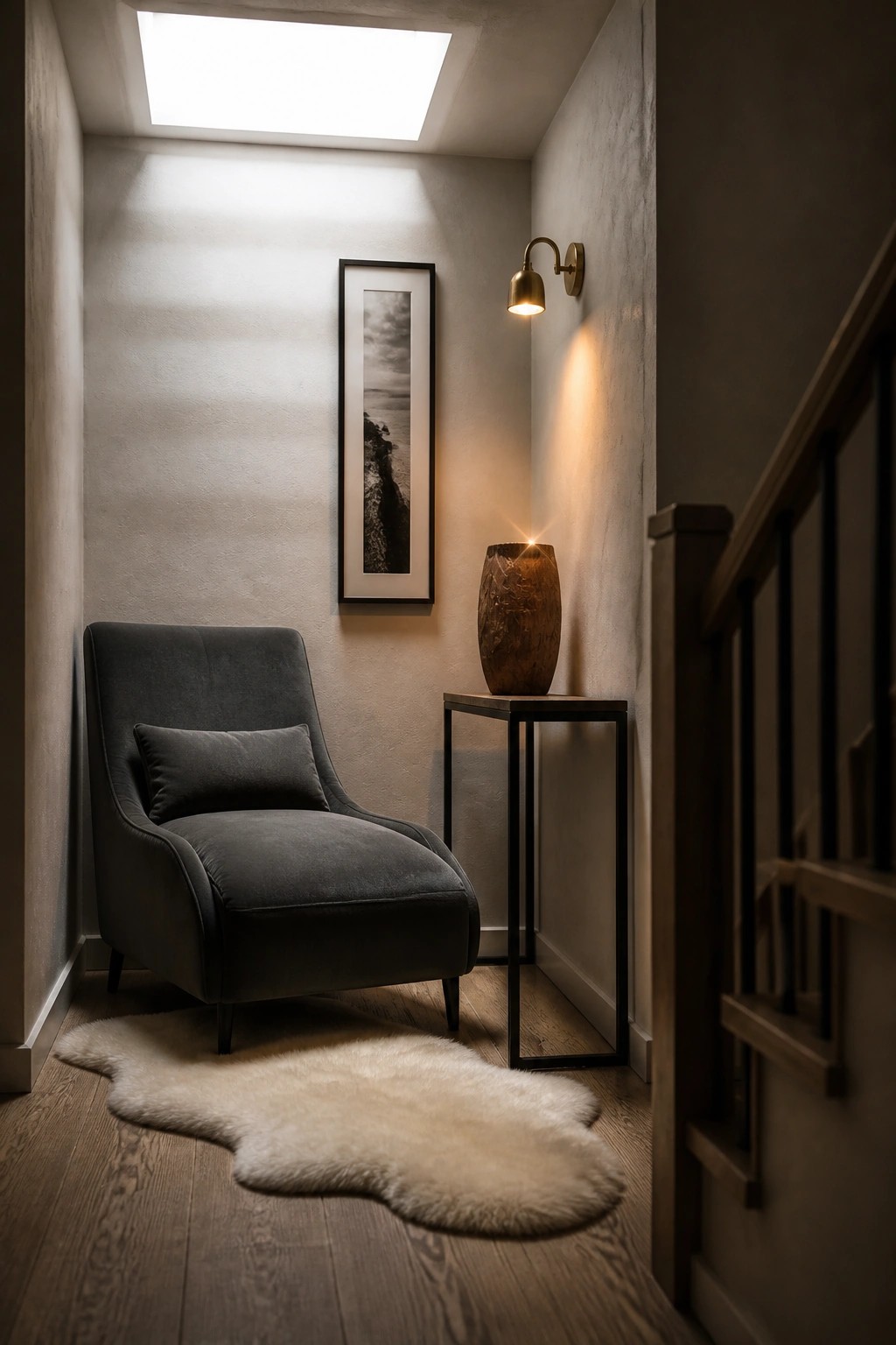 A dark gray armchair rests on a white sheepskin rug beneath a skylight in a narrow interior space with a framed vertical print on the wall.