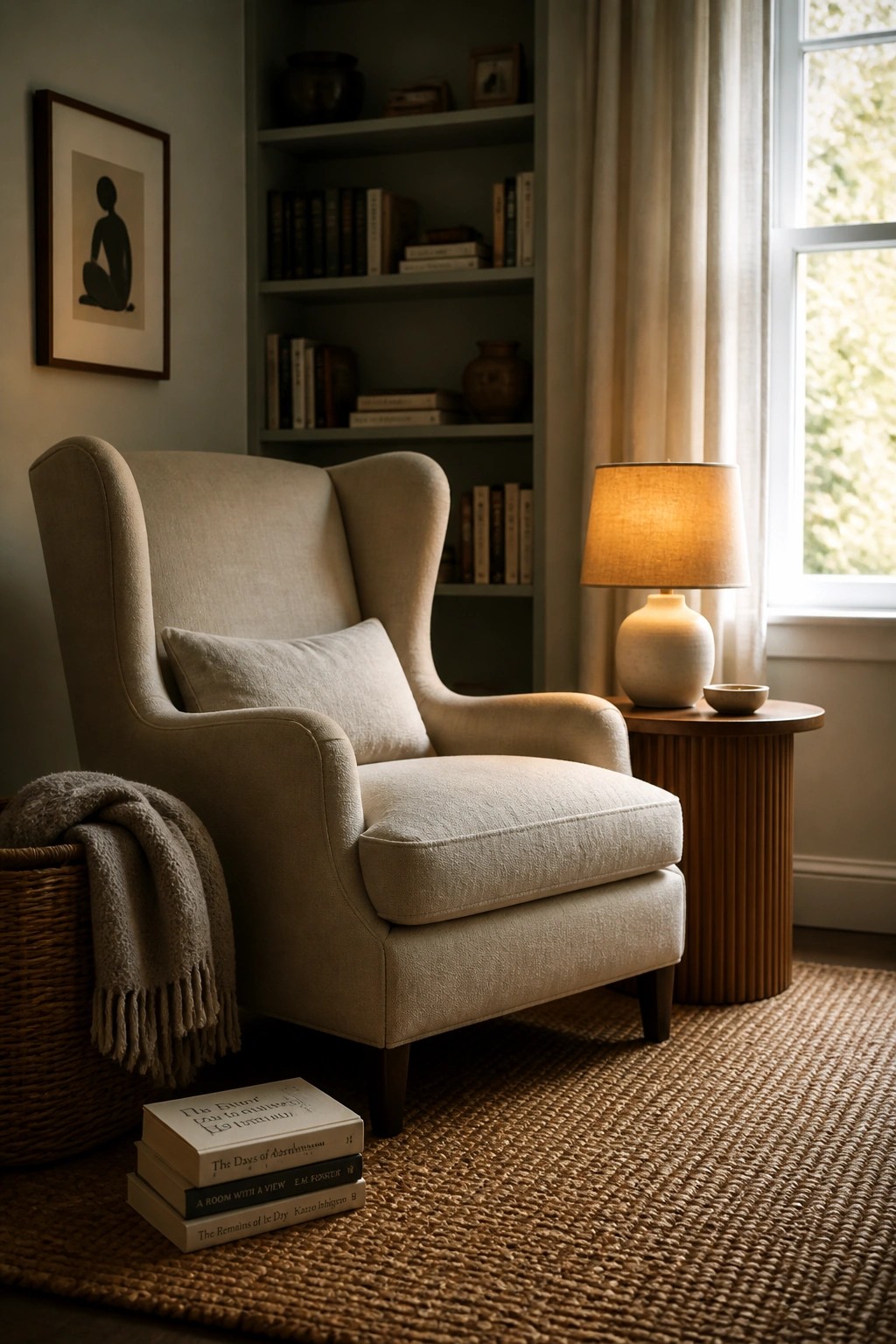 A beige wingback armchair with a pillow sits on a woven rug in front of built-in bookshelves, next to a round wooden side table holding a lit lamp, with several books stacked on the floor.