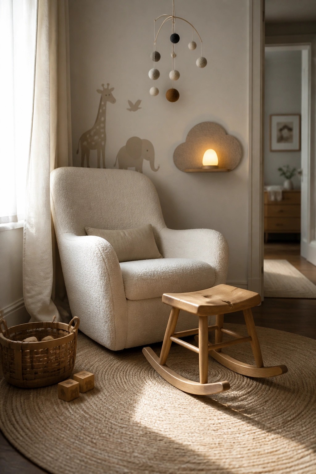 Cozy white armchair and wooden rocking stool in neutral nursery with animal decals
