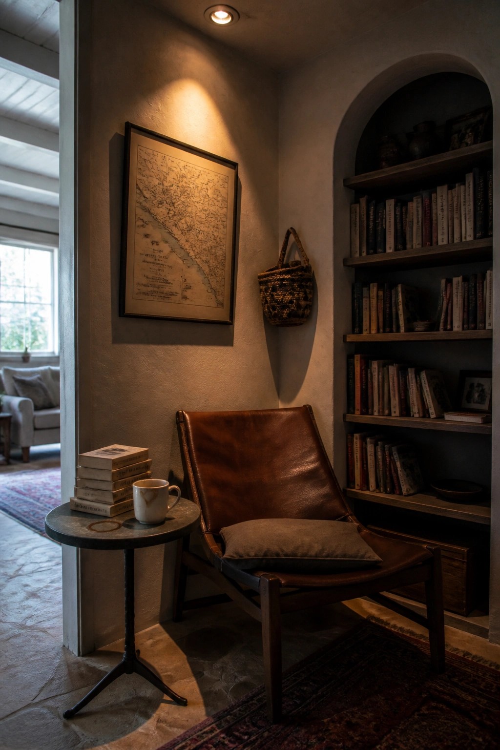 A brown leather chair with a pillow sits on a rug in front of an arched built-in bookshelf filled with books, next to a small round table holding stacked books and a mug, with a framed map on the wall above.