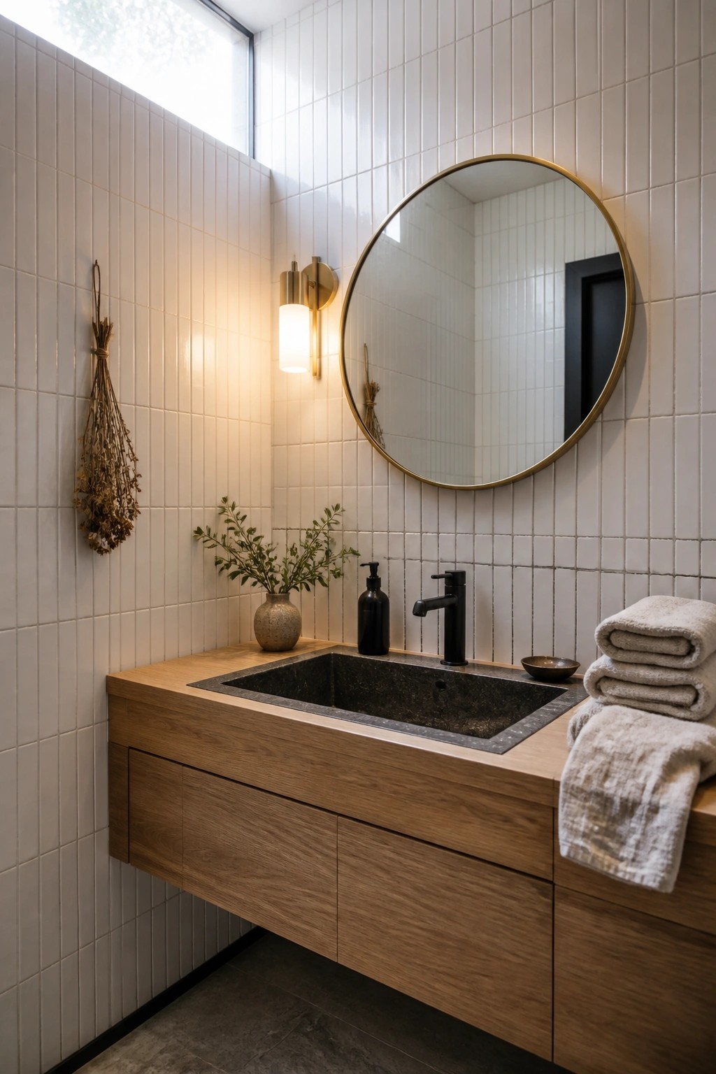 A bathroom corner featuring a floating oak vanity with a dark stone sink, black faucet, round gold mirror, and white vertical tile walls.