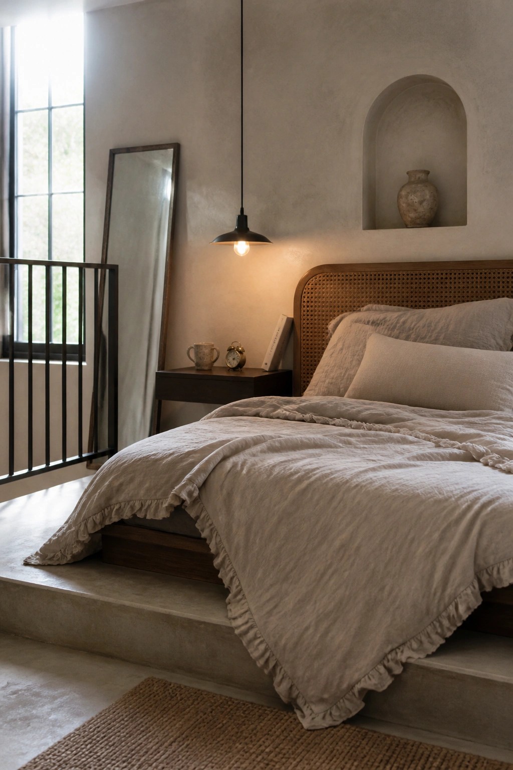A minimalist bedroom with a raised platform bed dressed in rumpled linen bedding, a rattan headboard, a black pendant light, and a recessed wall niche holding a clay vase.