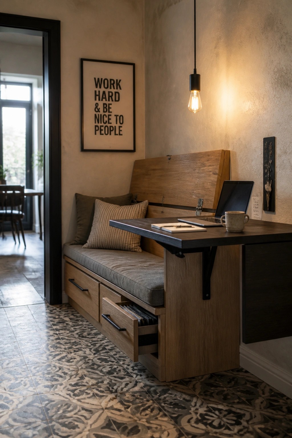 A compact indoor workspace featuring a wooden bench with gray cushions, open drawers holding files, and a wall-mounted desk with a laptop and mug.