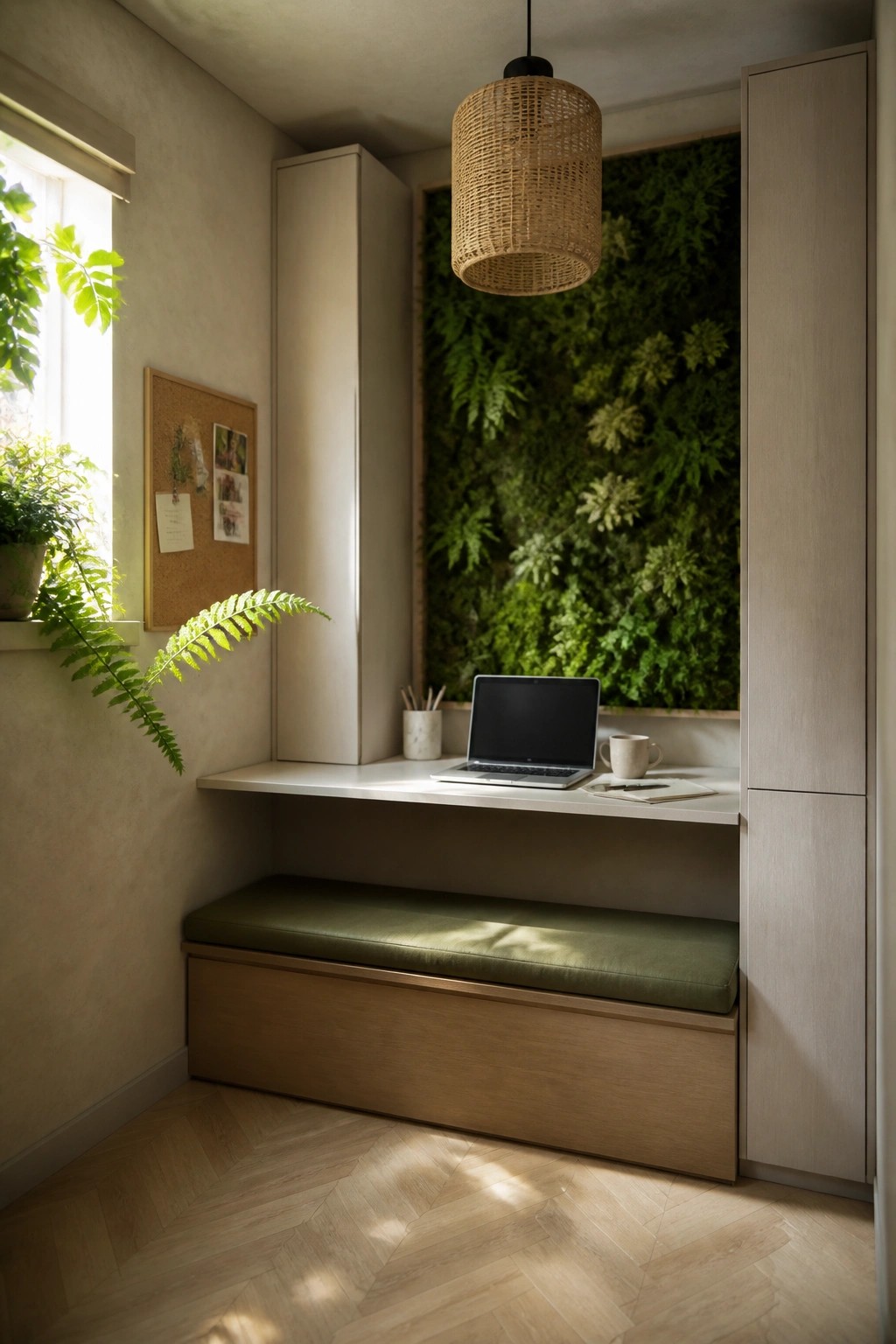 A compact office nook with a wooden built-in bench featuring a green cushion and large storage drawer, a white desk surface holding a laptop and cup, light wood cabinets on both sides, and a living wall in the background.