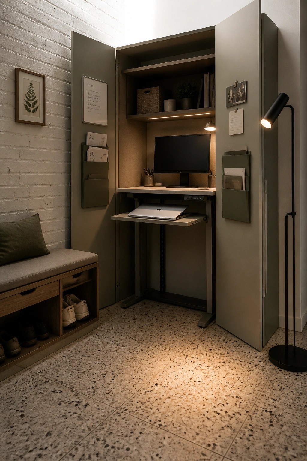 A tall cabinet with open doors reveals a built-in desk, monitor, laptop, and shelves in a small workspace.