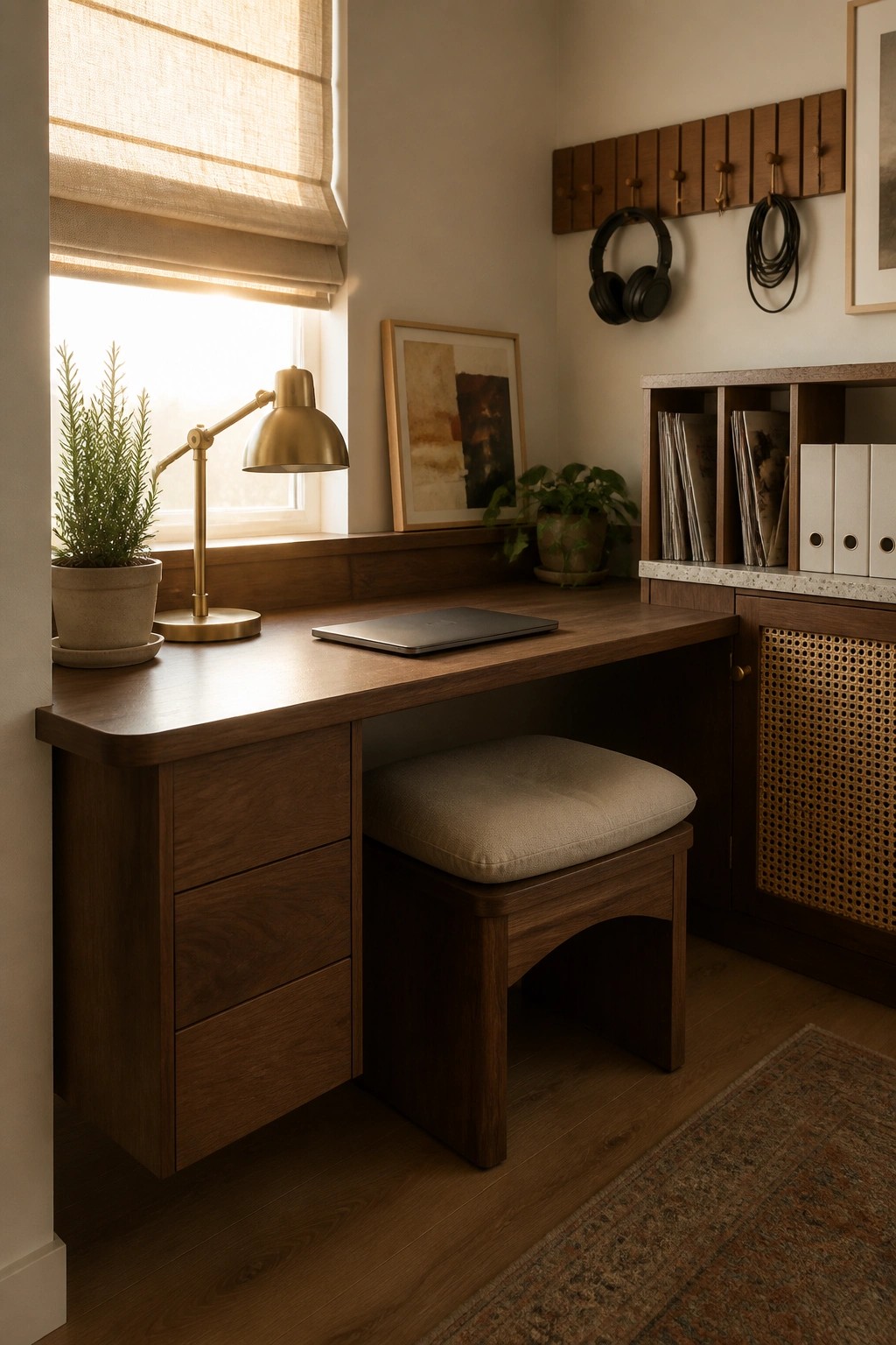 A compact wooden desk with three drawers on the left side, a cushioned stool underneath, and a laptop on top in a home office corner.
