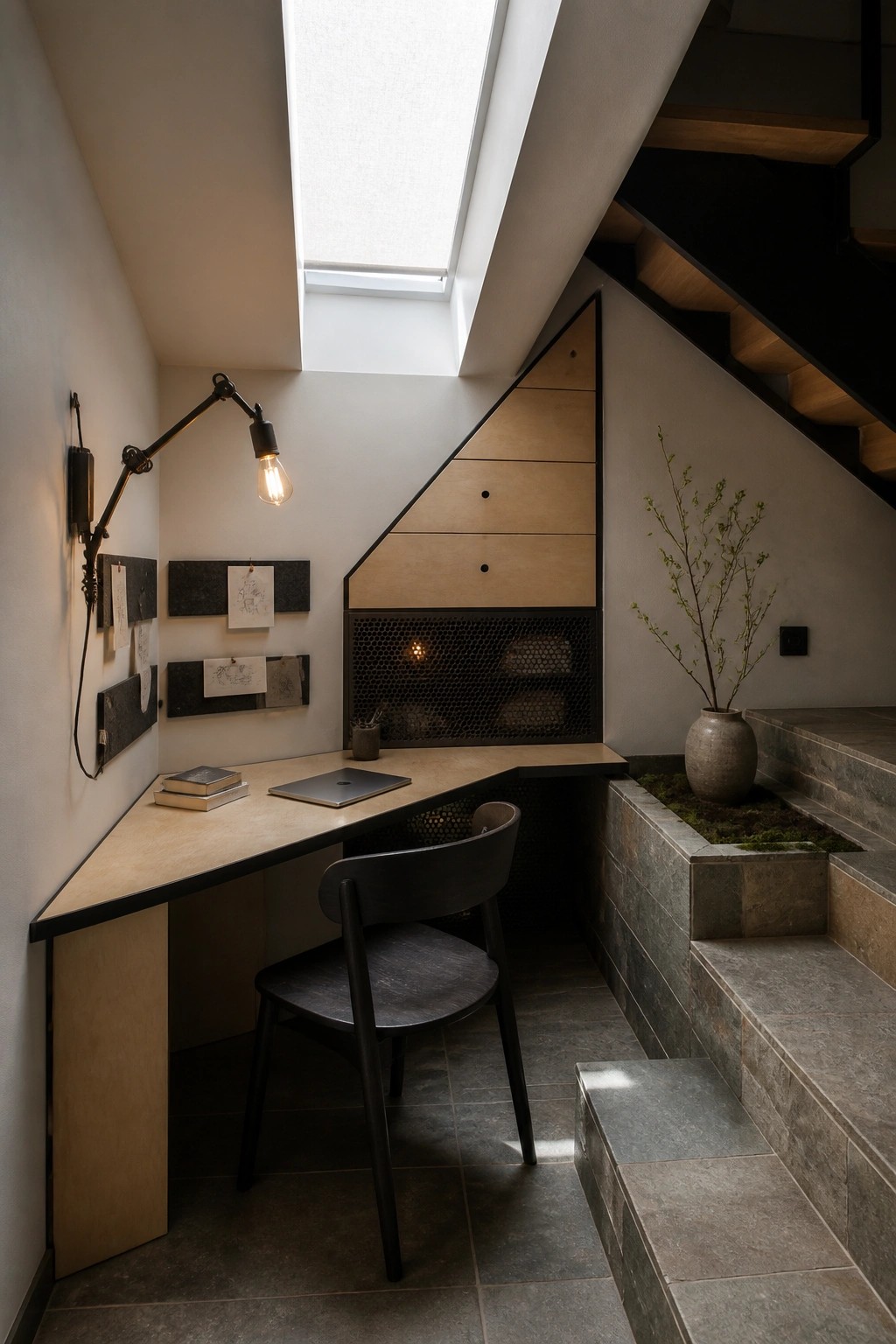 A compact desk is built into the space under a staircase, with a dark wooden chair, wall-mounted lamp, and light wood storage panels above a mesh screen.