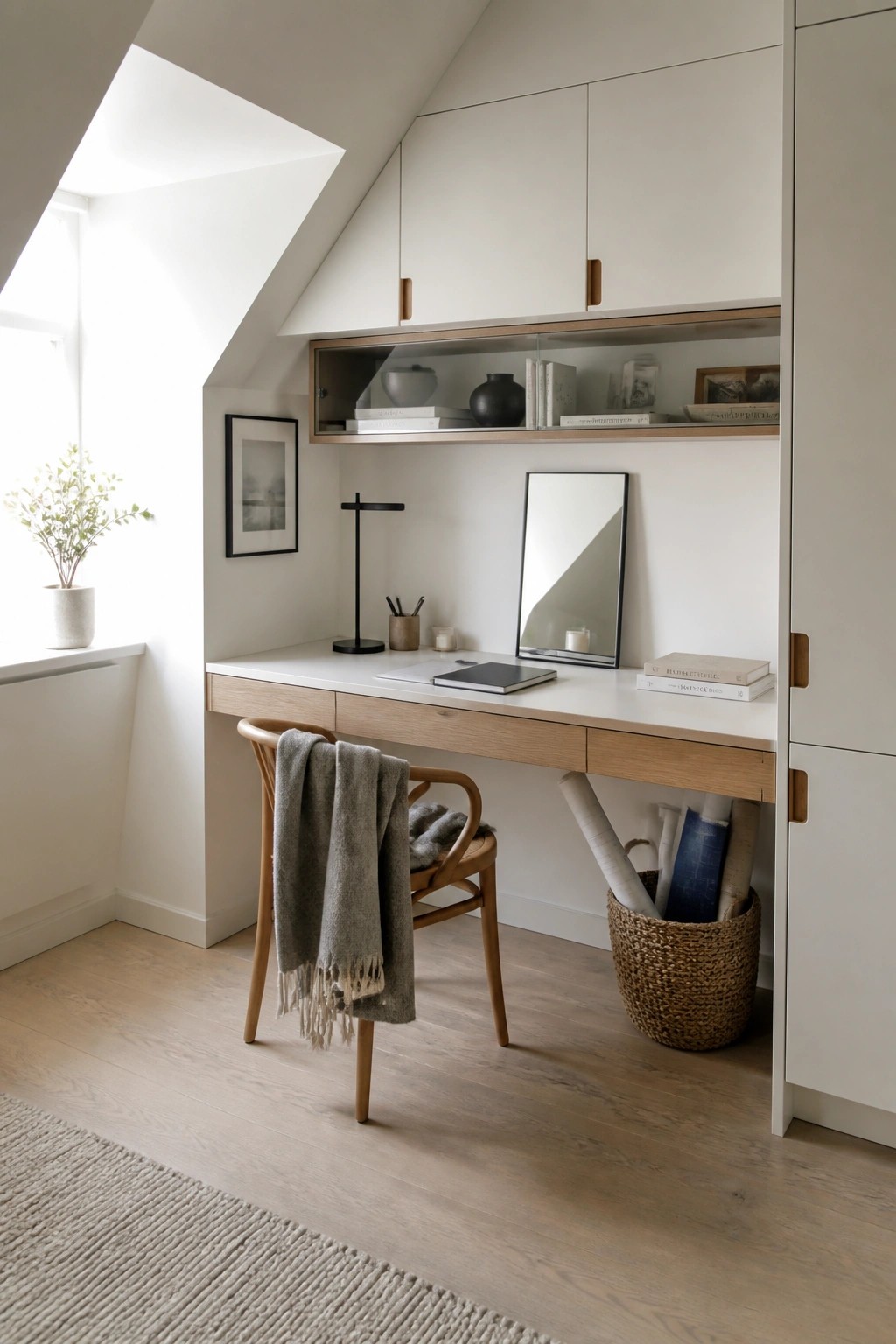 A compact home office features a built-in desk with light wood drawers and white upper cabinets under a sloped ceiling, a wooden chair with a gray throw blanket, and a woven basket holding rolled papers on a light wood floor.